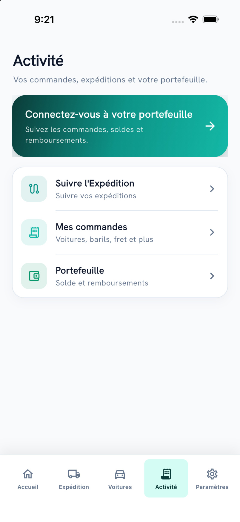 Écran Activité de l’application Laawol présentant le suivi des commandes.
